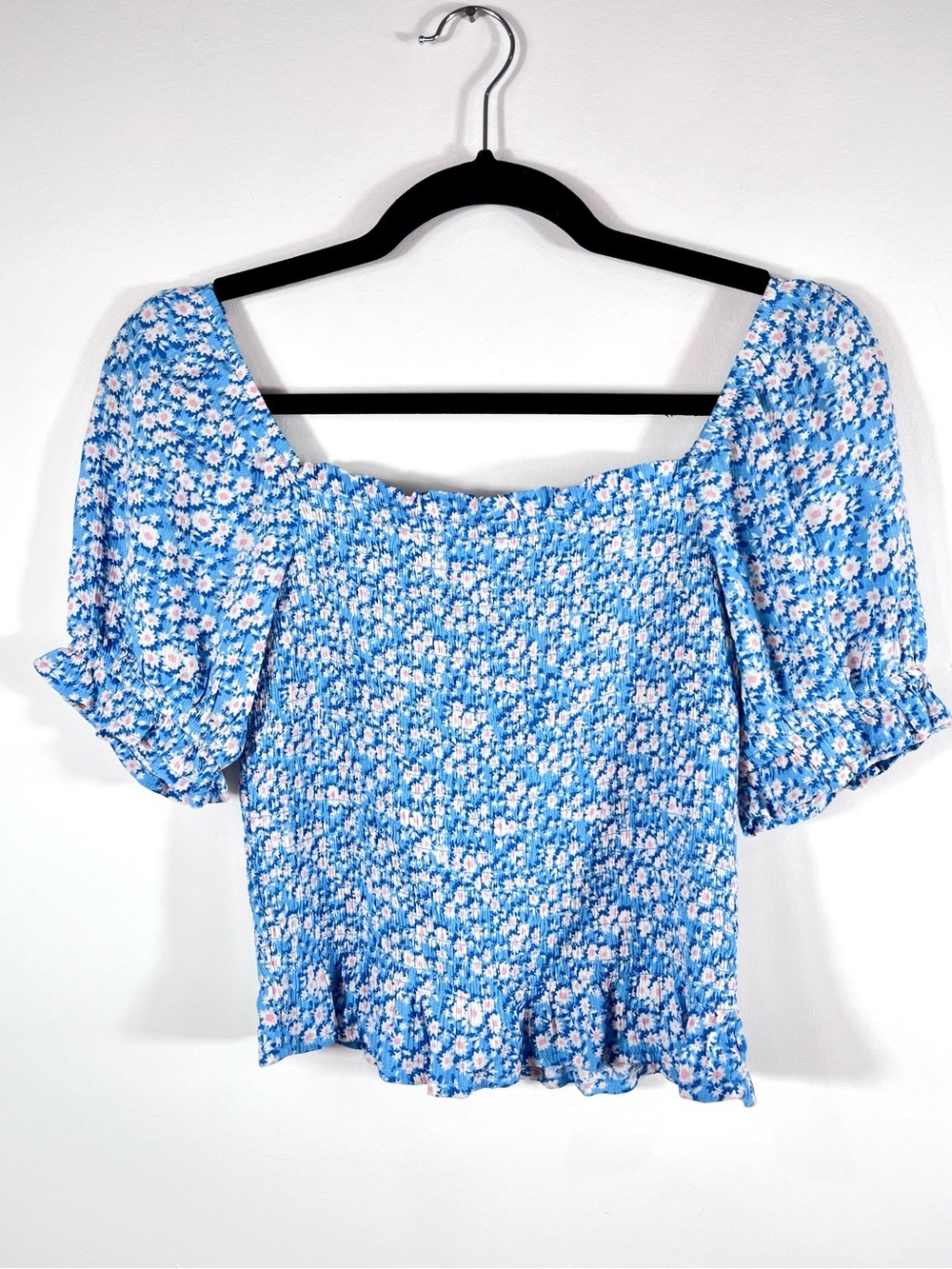 SO Blue‎ Floral Smocked Crop Top Women’s Small Puff Sleeve Cottagecore